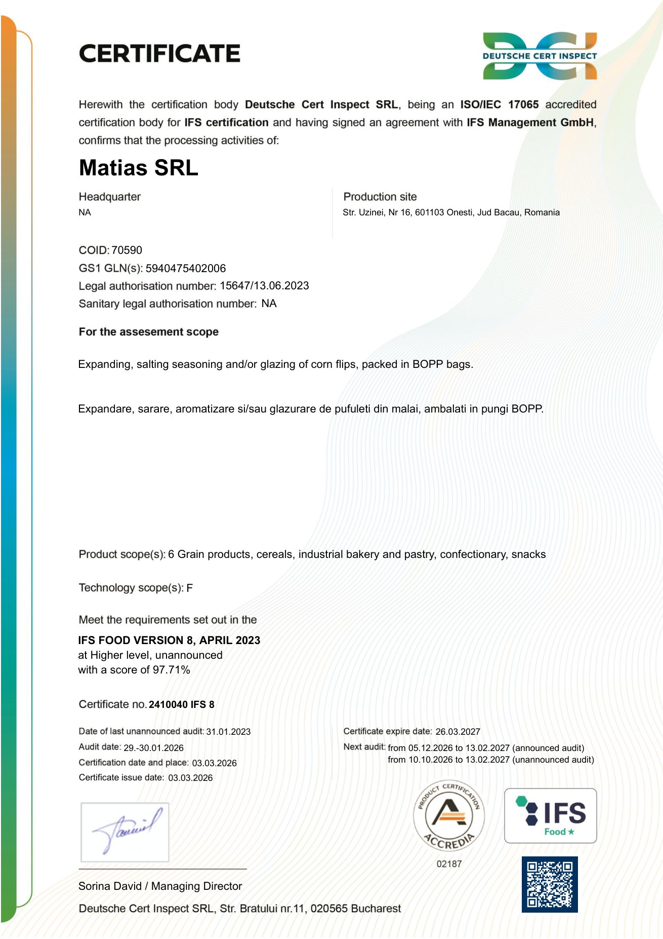 Certificat IFS — Matias 2026