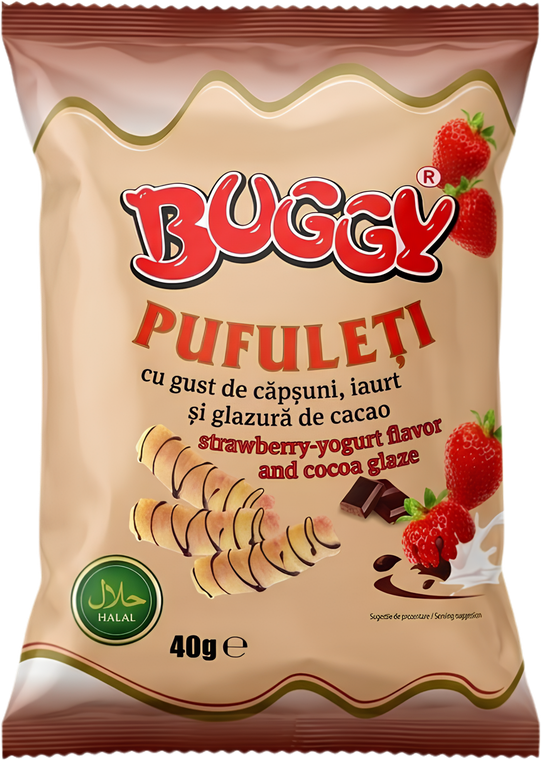 Pufuleti cu gust de iaurt, capsuni si glazura de cacao 40G